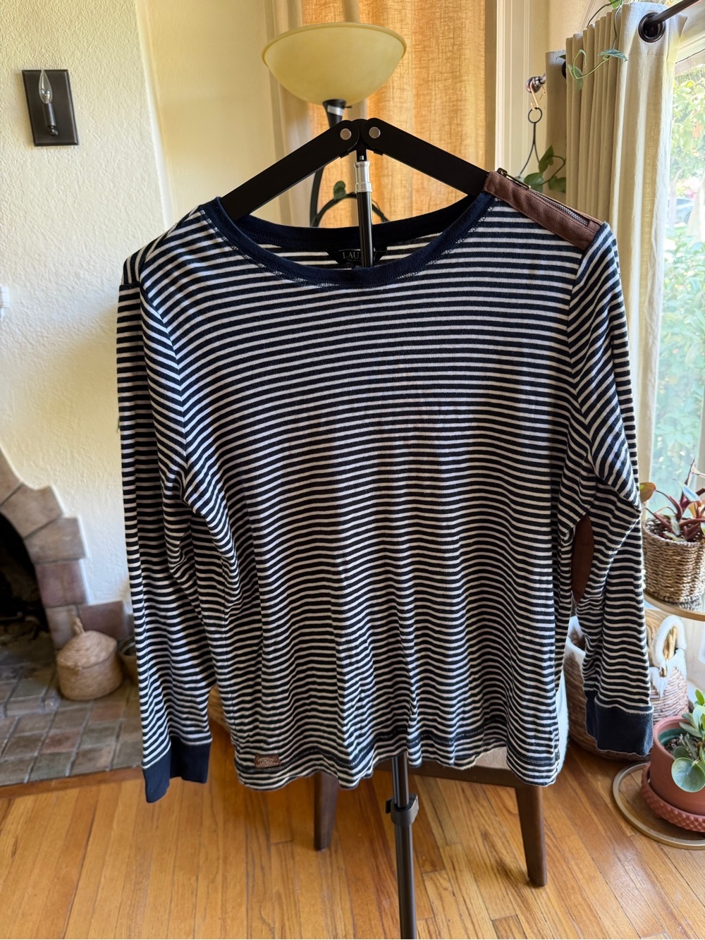 Ralph Lauren Navy and White Striped Crew Top with Brown Patch